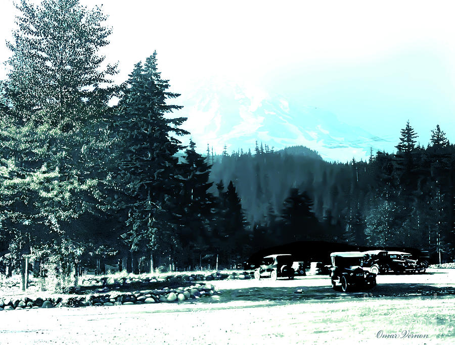 Vintage Mount Rainier  With Old Cars Photograph