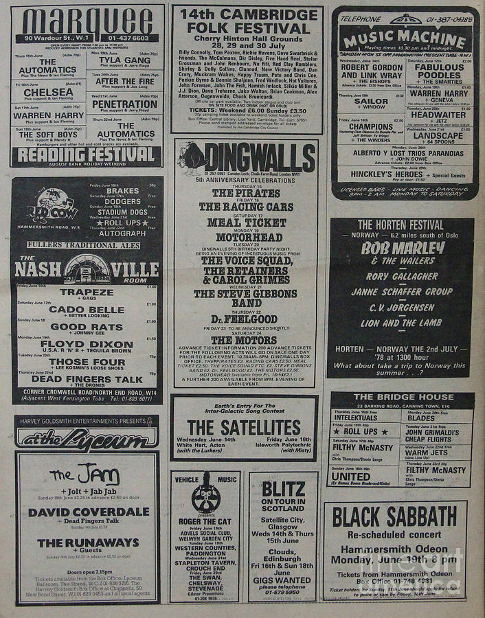 vintage music listings Live Gig concerts festival advert 1970s  Photograph by Tom Conway