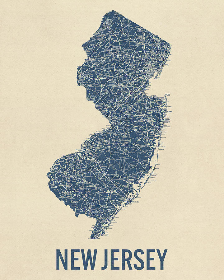 Vintage New Jersey Road Map, Blue on Beige #1 Drawing by Blue Monocle