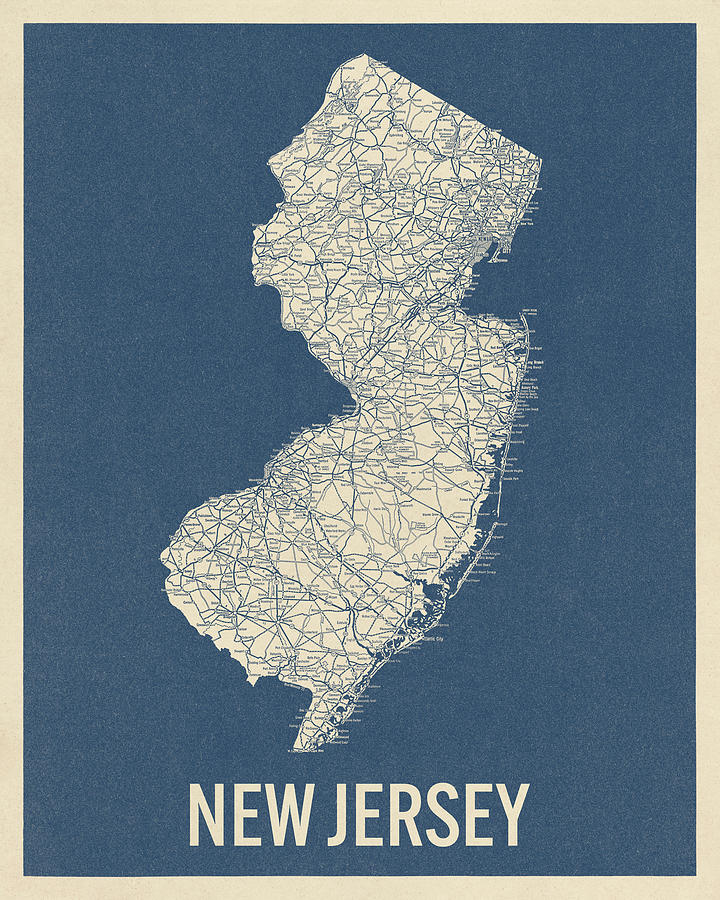 Vintage New Jersey Road Map, Blue on Beige #2 Drawing by Blue Monocle