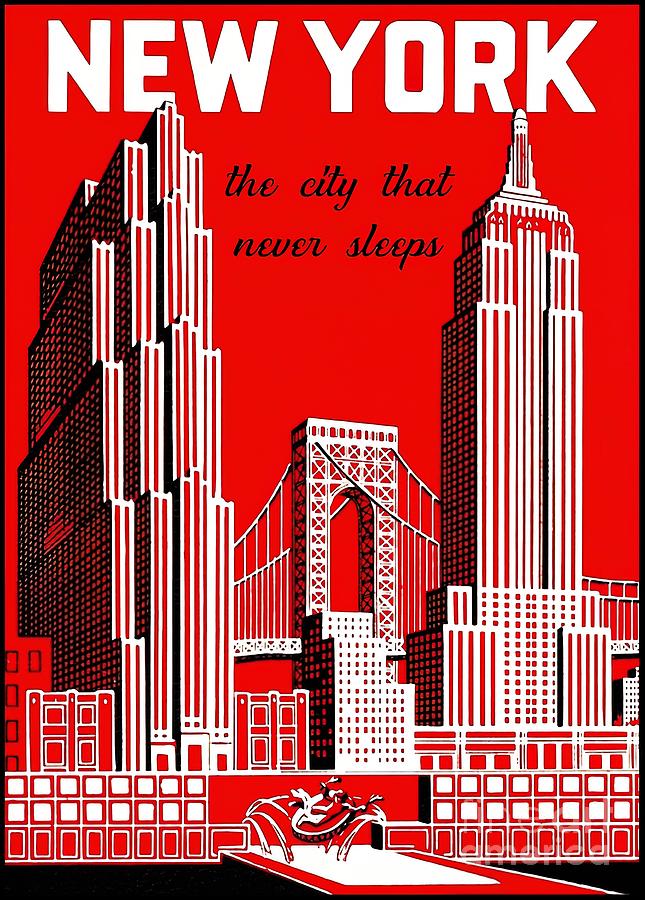 Vintage New York City Skyline Travel Painting By Tina Turner 