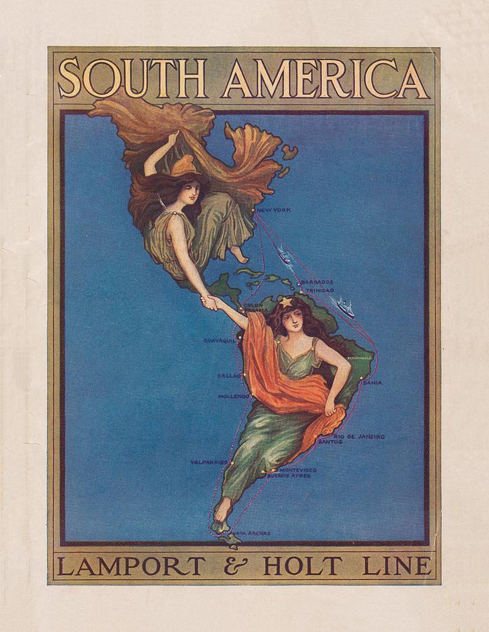 Vintage North and South America Illustrative Map 1912 Drawing by Adam Shaw