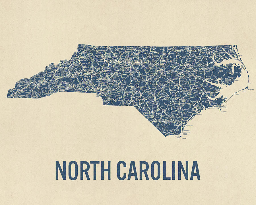 Vintage North Carolina Road Map, Blue on Beige #1 Drawing by Blue Monocle