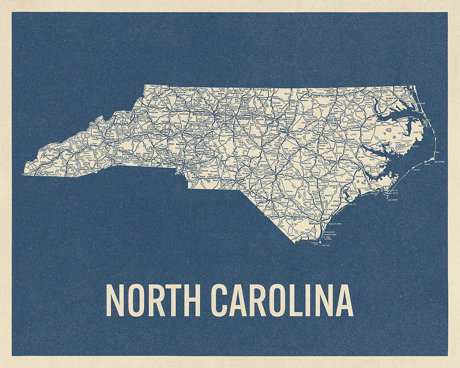 Vintage North Carolina Road Map, Blue on Beige #2 Drawing by Blue Monocle