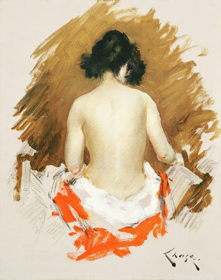 Vintage Nude Japanese woman with a kimono Painting by William Merritt Chase