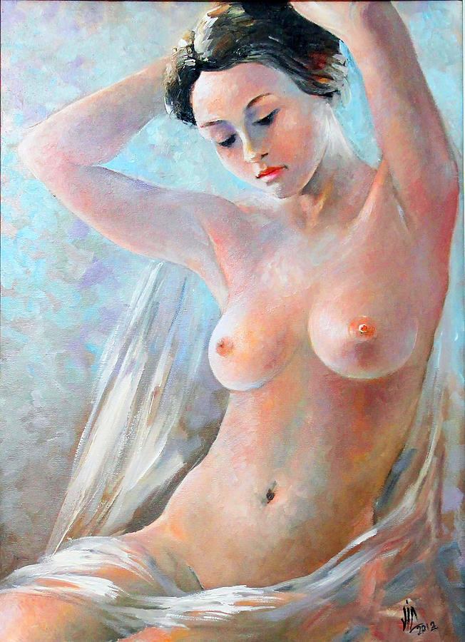 Vintage nude painting oil on canvas signed Vali Irina Ciobanu Painting by Vali Irina Ciobanu