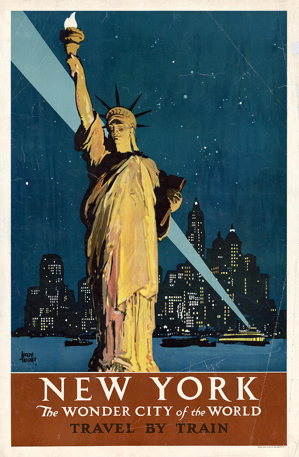 New York City, NY - Skyline at Night: Retro Travel Poster | Large Canvas Art Print | Great Big Canvas
