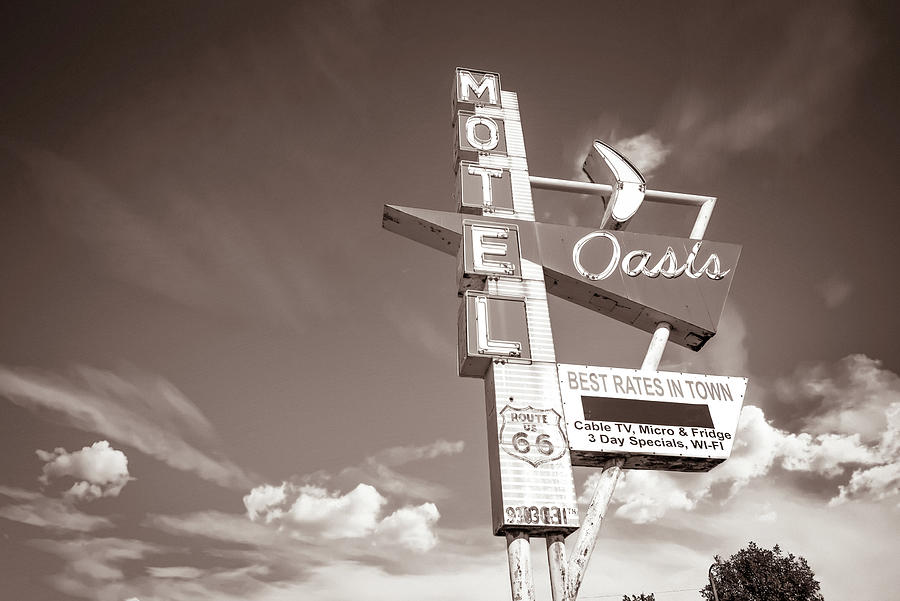 Vintage Oasis Motel Along Route 66 - Tulsa Oklahoma Sepia Photograph by Gregory Ballos