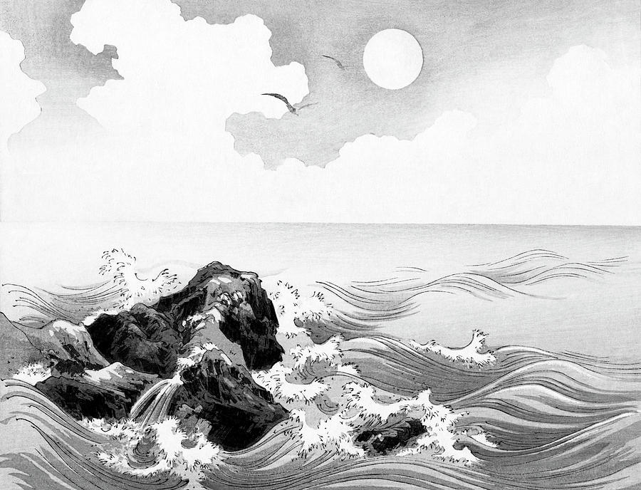 Vintage ocean wave at Kojima Island BW Painting by Bob Pardue