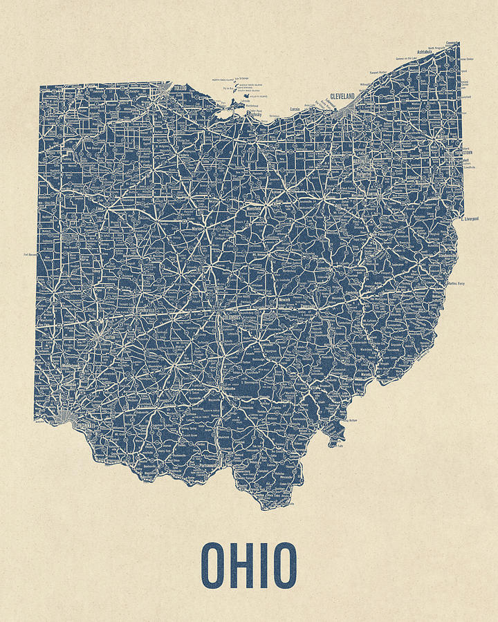 Vintage Ohio Road Map, Blue on Beige #1 Drawing by Blue Monocle