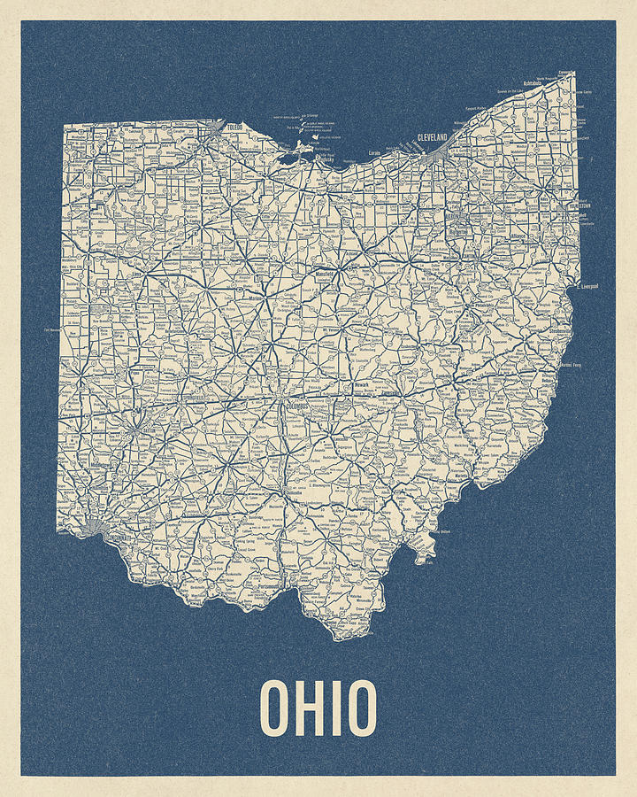 Vintage Ohio Road Map, Blue on Beige #2 Drawing by Blue Monocle