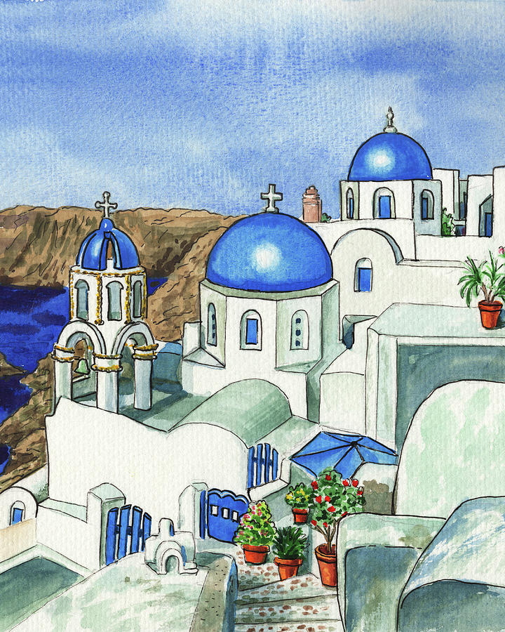 Vintage Oia Greek Town White Buildings Blue Roofs Of Santorini Painting  Painting by Irina Sztukowski