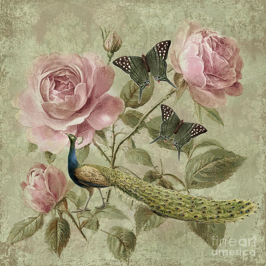 Vintage Peacock And Roses Painting by Tina LeCour Vintage Peacock And Roses Painting by Tina LeCour