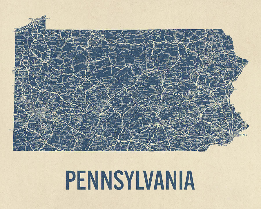 Vintage Pennsylvania Road Map, Blue on Beige #1 Drawing by Blue Monocle