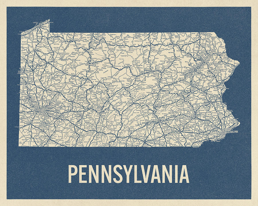 Vintage Pennsylvania Road Map, Blue on Beige #2 Drawing by Blue Monocle