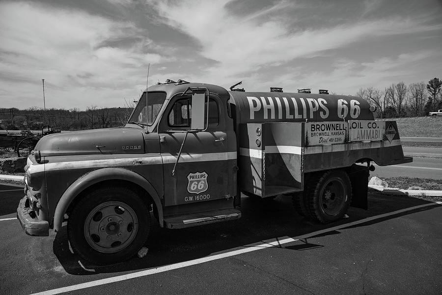Vintage Phillips 66 gas truck on Historic Route 66 in Missouri in black and white Photograph by Eldon McGraw