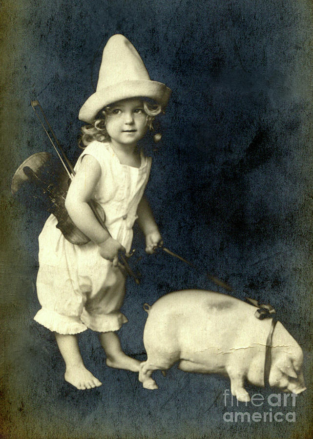 Vintage Photograph - Girl with Pig and Violin Photograph by Terri  Meyer