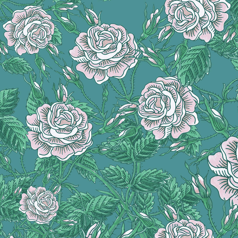 Vintage Pink And White Roses Botanical Flowers On Teal Blue Watercolor Pattern  Painting by Irina Sztukowski