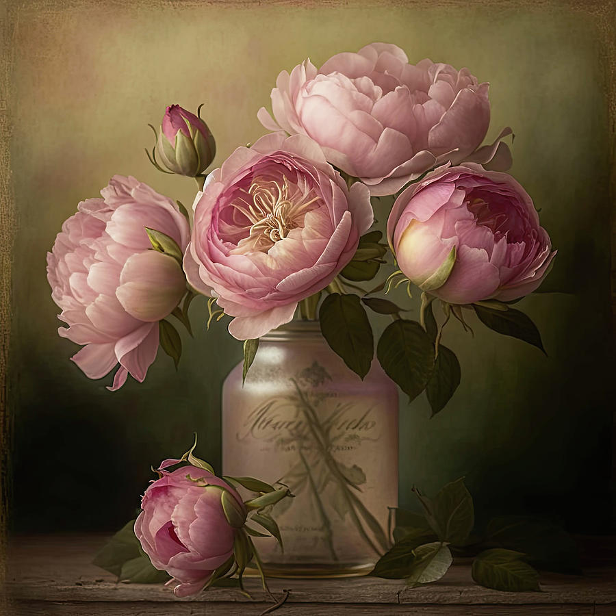 Vintage pink roses in an old jar Digital Art by Zina Zinchik