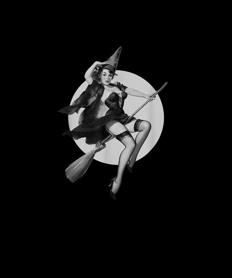 Vintage Pinup Witch On Witches Broom Halloween Pin Up Girl Drawing By