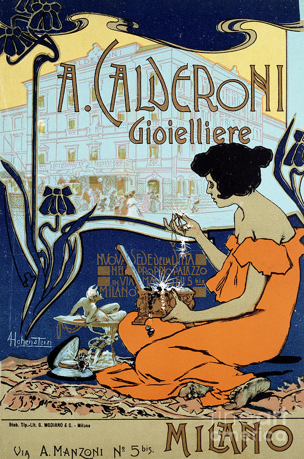 Vintage poster for Calderoni Jewelers in Milan, 1898, by Adolf Hohenstein Painting by Adolfo Hohenstein