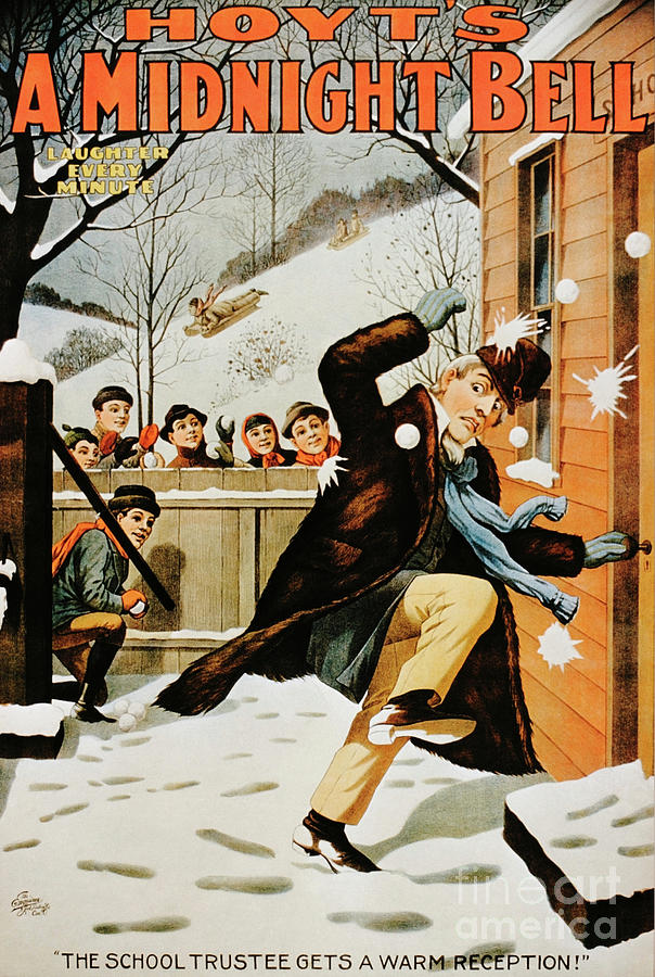 Vintage poster of boys pelting man with snowballs Painting by American School