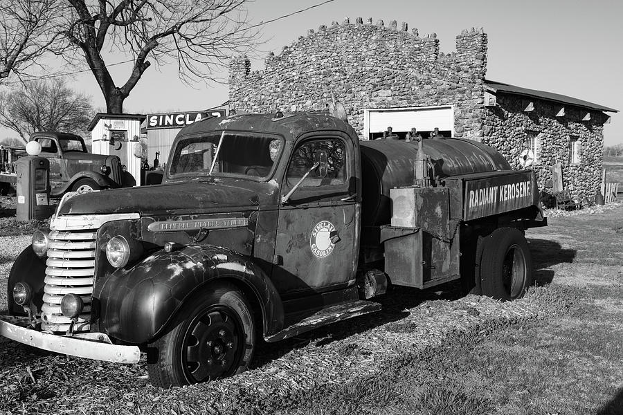Vintage Radiant Kerosene truck on Historic Route 66 at Garys Gay Parita in Ash Grove Missouri in BW Photograph by Eldon McGraw