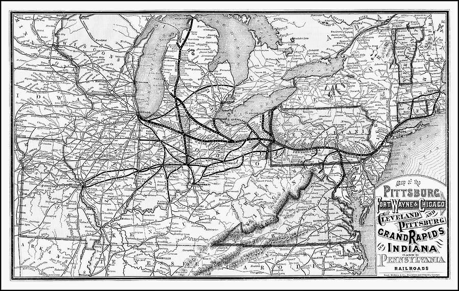 Vintage Railroad Map 1874 Pittsburgh and Beyond Black and White ...