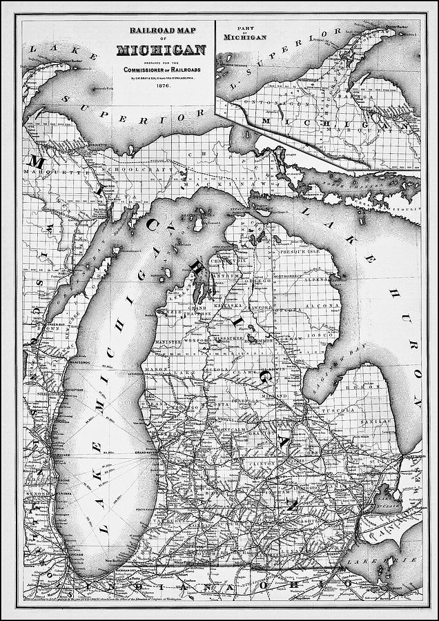Vintage Railroad Map of Michigan 1876 Black and White  Photograph by Carol Japp
