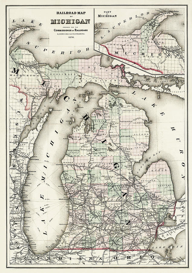 Vintage Railroad Map of Michigan 1876 Photograph by Carol Japp