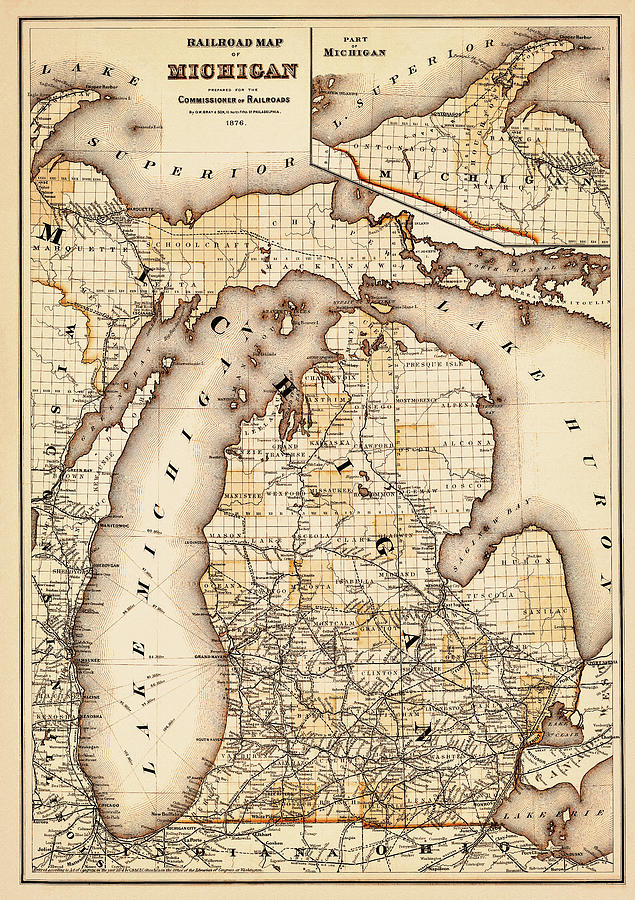 Vintage Railroad Map of Michigan 1876 Sepia  Photograph by Carol Japp