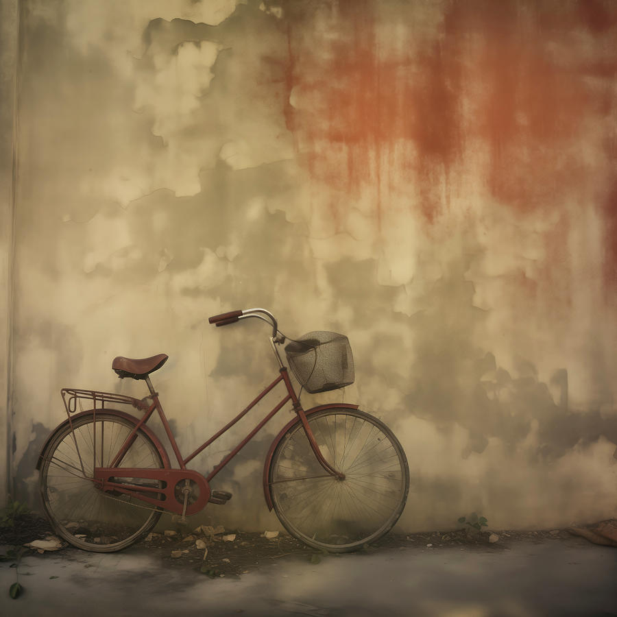 Fall Digital Art - Vintage Red Bicycle Parked near Stucco Wall by Yo Pedro