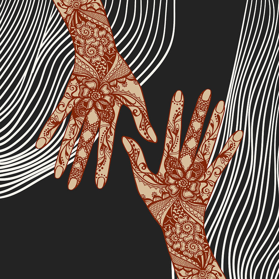 Black And White Drawing - Vintage retro aesthetic female hands covered with traditional indian mehendi henna tattoo ornaments by Mounir Khalfouf