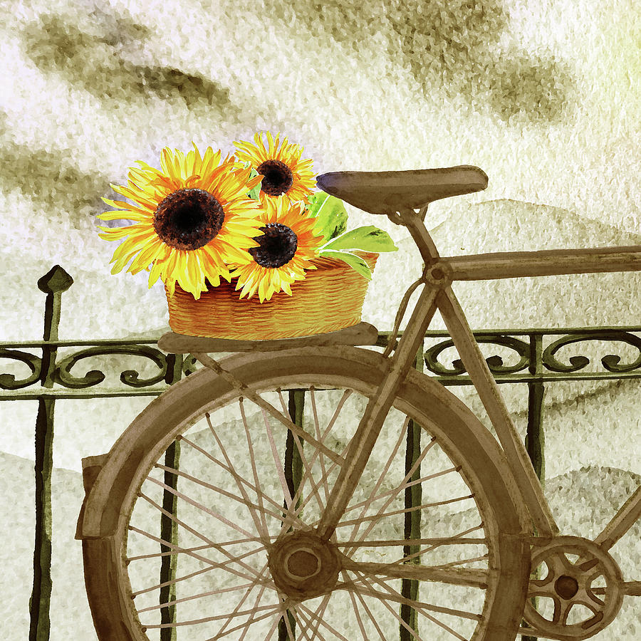 Vintage Retro Bicycle Sunflowers In The Basket Romantic Ride Watercolor  Painting by Irina Sztukowski