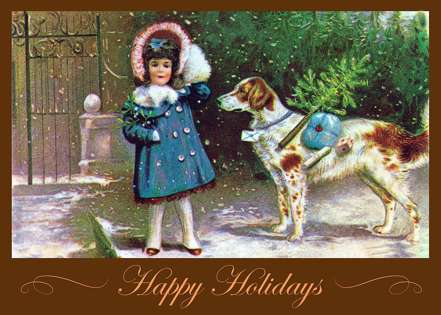 Vintage Retro Happy Holidays, Cute girl with dog, Victorian Digital Art by Inge Lewis