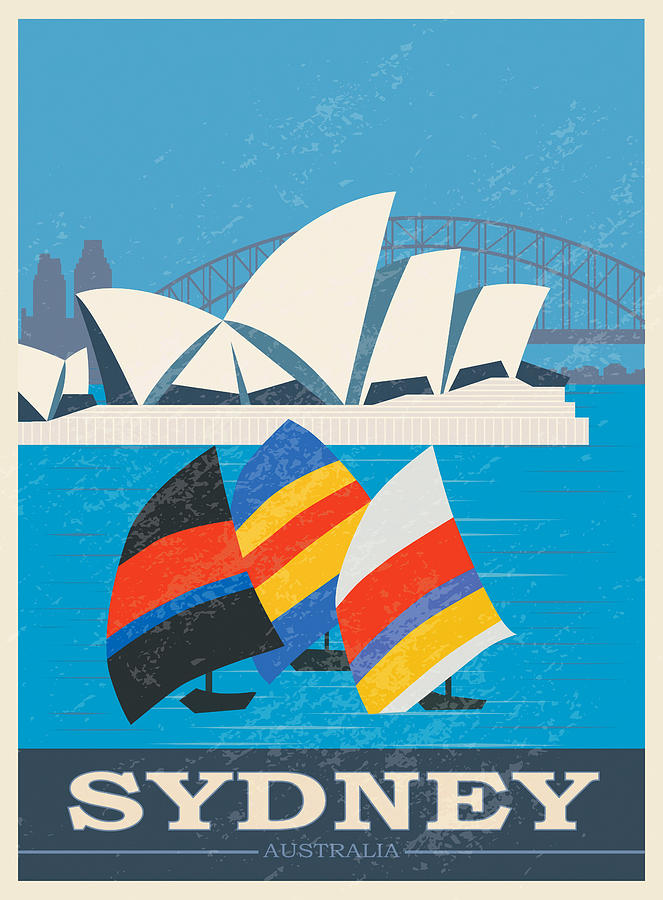 Vintage, retro style travel poster for Sydney, Australia with the Opera ...