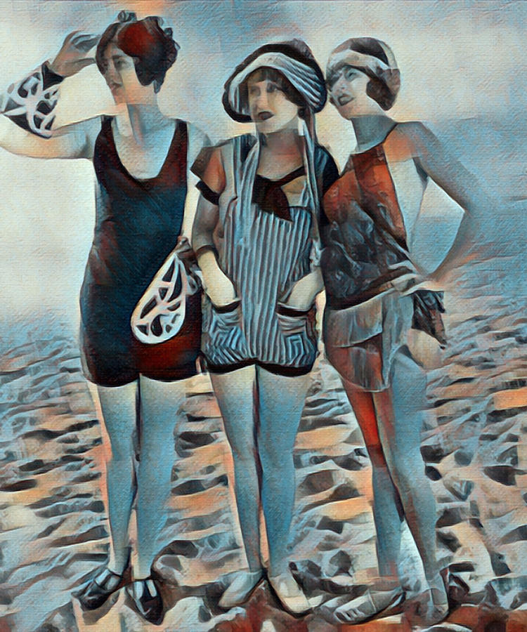Vintage Retro Women On Beach Friends 2 Painting by Tony Rubino