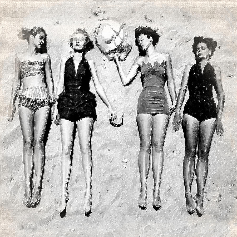 Vintage Retro Women On Beach Painting by Tony Rubino
