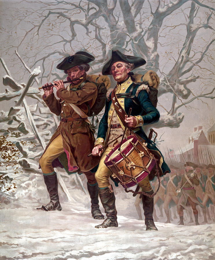 Vintage Revolutionary War Print of American minutemen being led into battle by a drummer and a soldier playing a flute. Drawing by John Parrot/Stocktrek Images