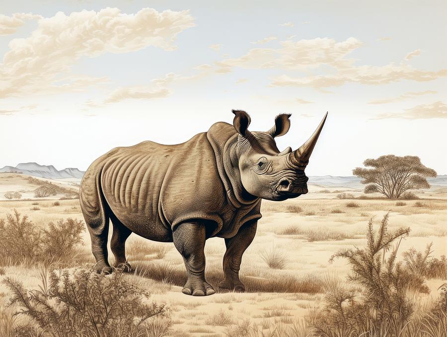 Vintage Rhino illustration Painting by Land of Dreams