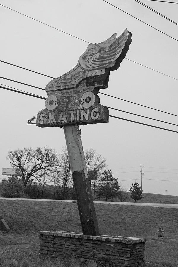 Vintage Roller Skating Sign On Historic Route 66 In Tulsa Oklahoma In Black And White Photograph