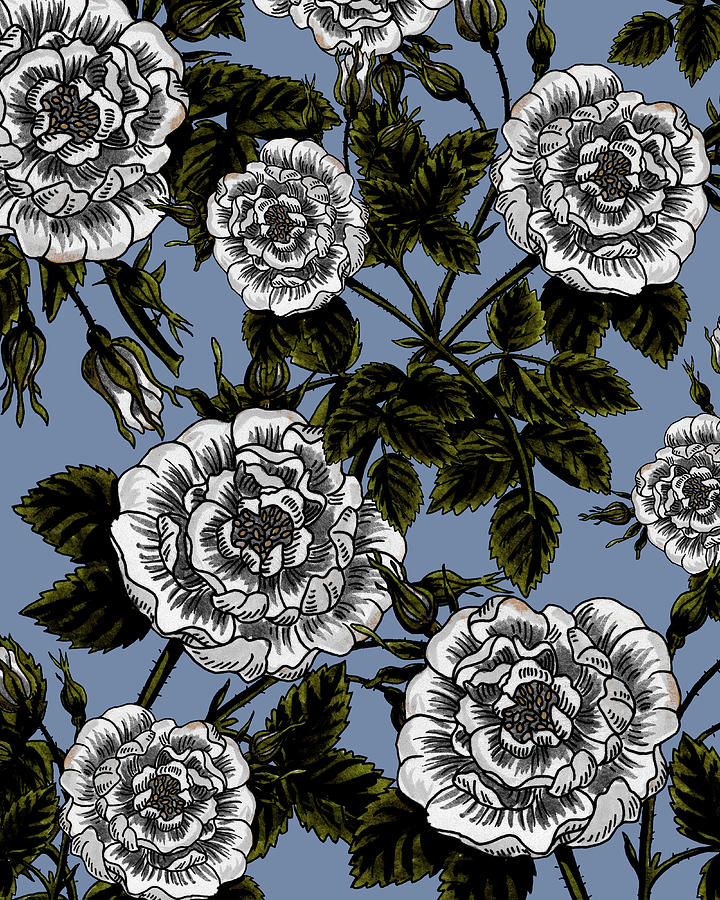 Flower Painting - Vintage Roses Black And White Ink Silhouettes Of Flowers On Soft Dusty Blue by Irina Sztukowski