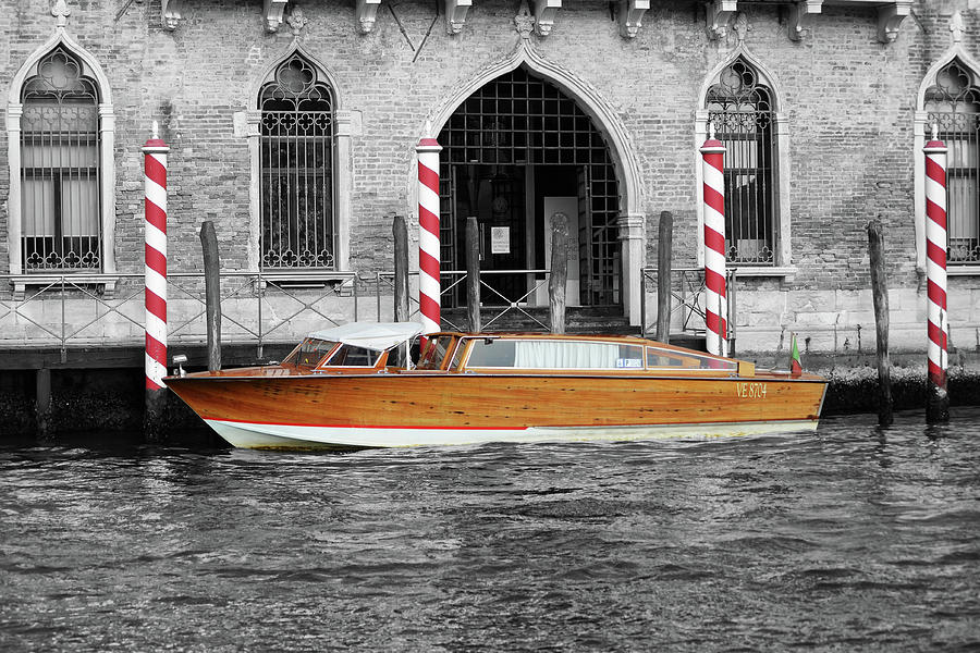 Vintage Runabout Boat and Striped Venetian Mooring Poles Grand Canal Venice Italy Color Splash Digital Art by Shawn OBrien
