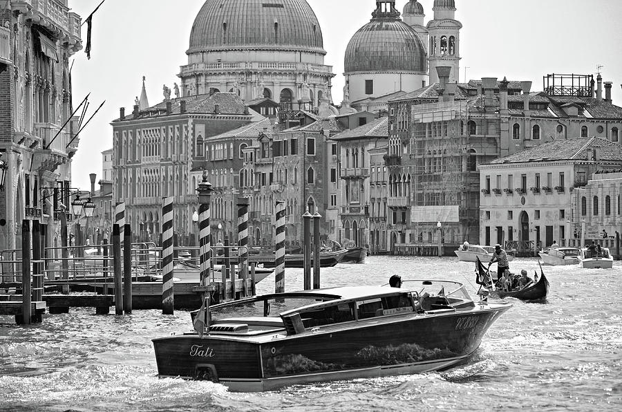Vintage Runabout Water Taxi on the Grand Canal in Venice Italy Black and White Photograph by Shawn OBrien