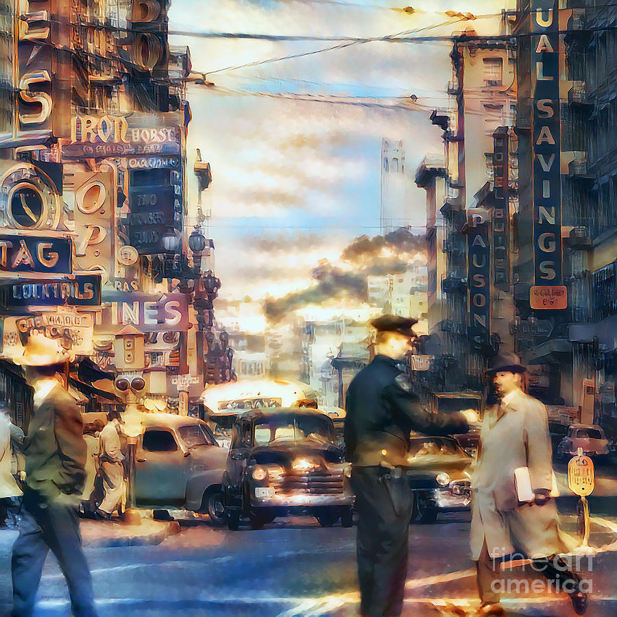 Vintage San Francisco Market Street and Stockton Street in Nostalgic Painterly Colors 20200604v1 sq Photograph by Wingsdomain Art and Photography