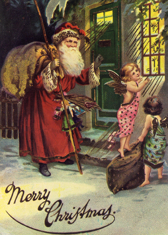 Vintage Santa with Angels delivering presents  Digital Art by Inge Lewis