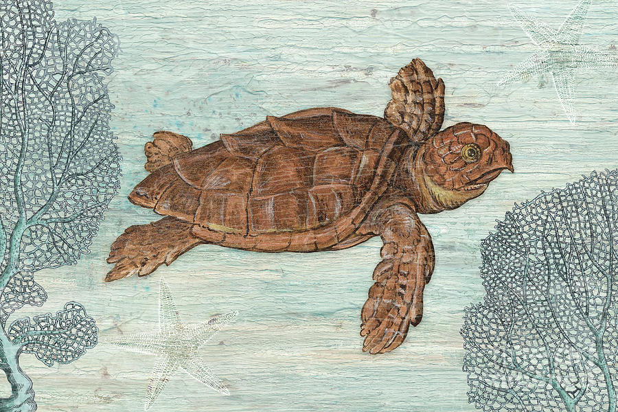Vintage Sea Turtle Blue Coral Starfish Rustic Weathered Wood Painting by Audrey Jeanne Roberts