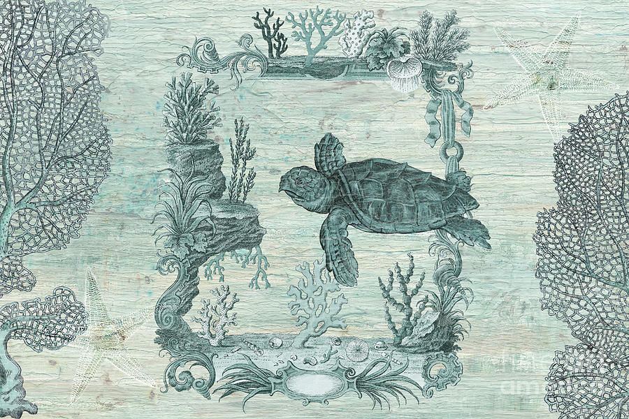 Vintage Sea Turtle Blue Coral Starfish Weathered Wood Collage Painting by Audrey Jeanne Roberts