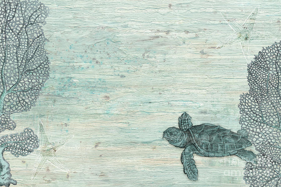 Vintage Sea Turtle Blue Coral Starfish Weathered Wood Rustic Painting by Audrey Jeanne Roberts