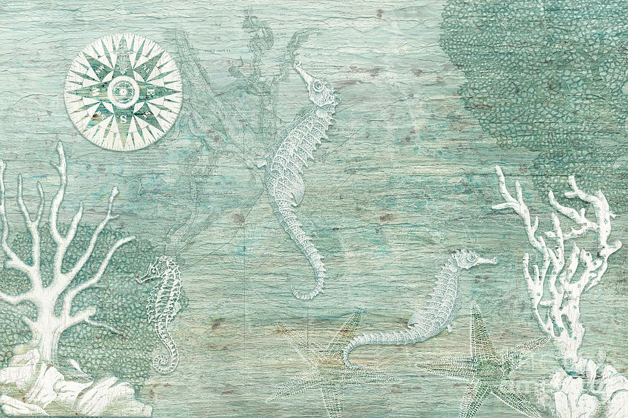 Vintage Seahorse Blue Green Coral Starfish Weathered Wood Rustic Painting by Audrey Jeanne Roberts